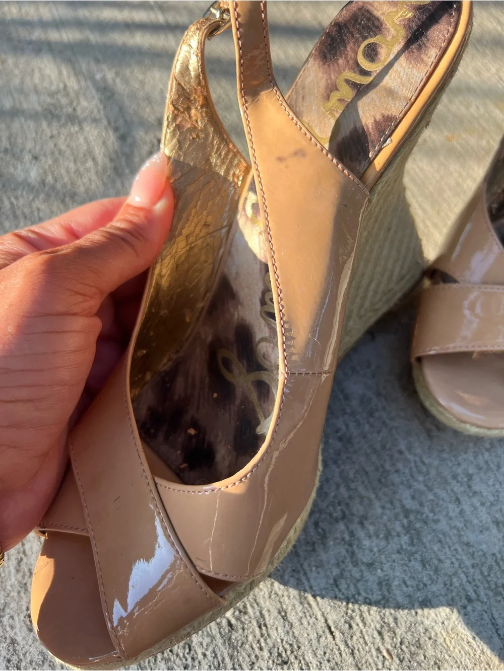 Vintage Sam Edelman Tan patent leather Wedge Sandals - Open Toe Slingback